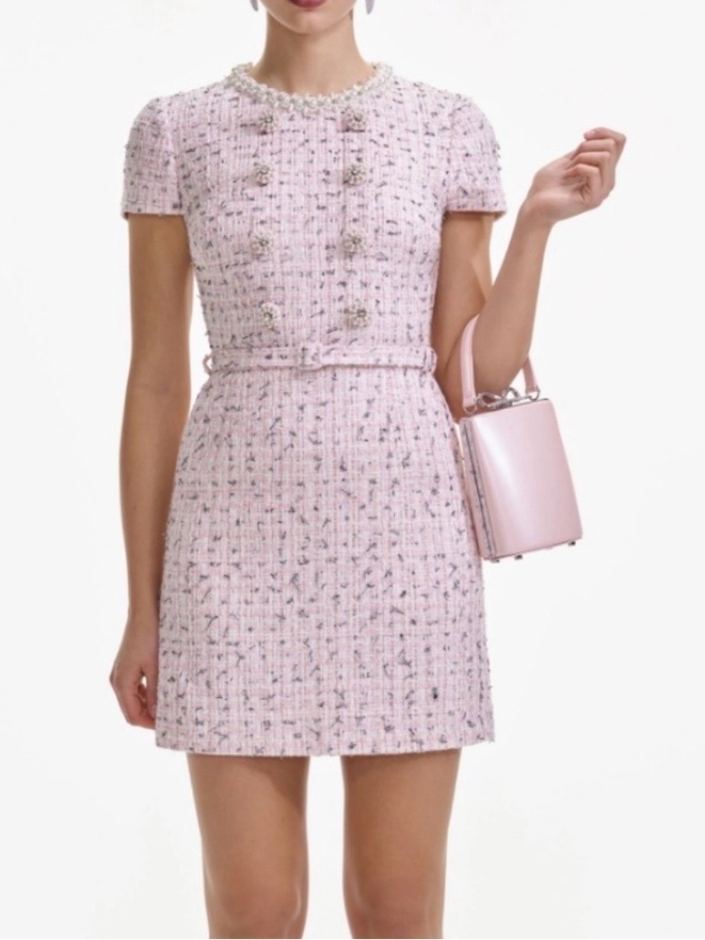 Self-Portrait Pink Tweed Mini Dress with Pearl Buttons, NWT,SZ 4
